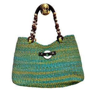 EMMA ROSE Woven Raffia Straw Green Shoulder Strap Bag Tote Beach‎ Resort Artsy